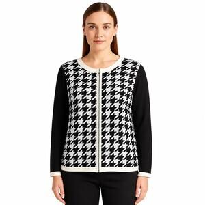 Talbots Women’s Petite Large Houndstooth Zip Front Cardigan Sweater Black White